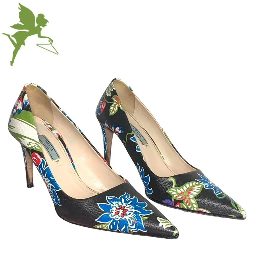 ^SOLD* PRADA Authentic Dark Floral Print Saffiano Leather Pumps - Picture 1 of 7